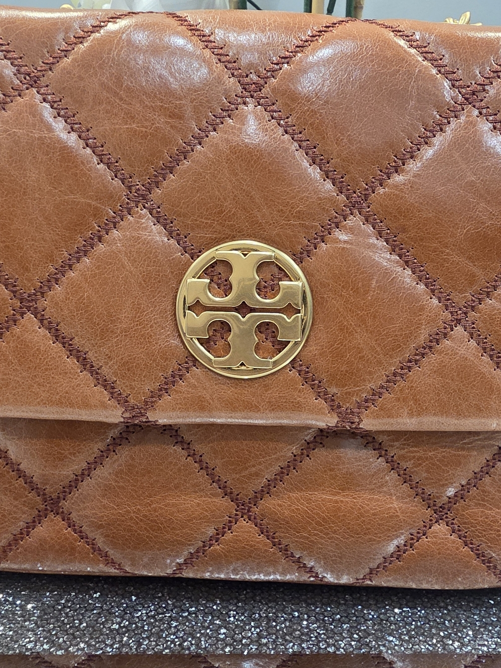 Tory Burch Quilted Cognac Leather Shoulder Bag with Gold Logo
